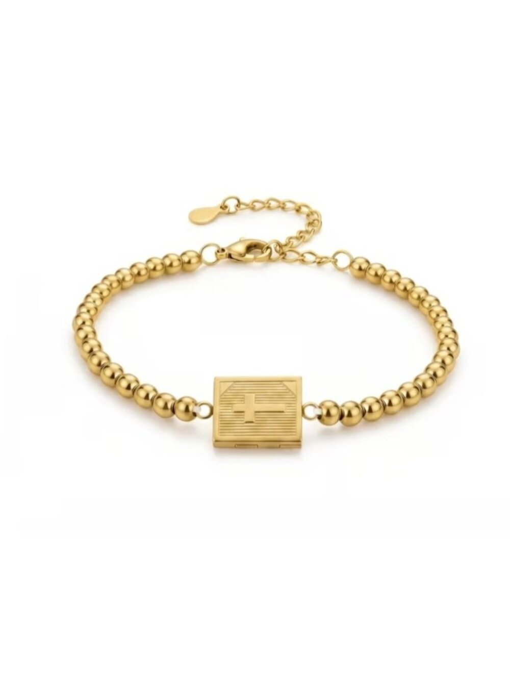 Gold Beaded Bracelet With Cross Locket Adjustable Chain